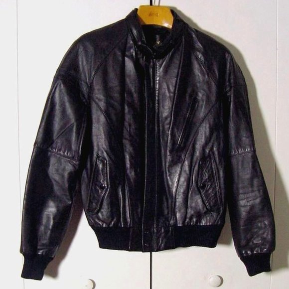 Vtg 80's Black Leather Reed Cafe Racer Leather Jacket Sz 44